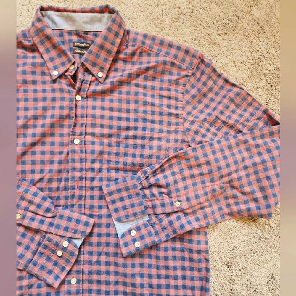J. McLaughlin Large Pink Blue Plaid Long sleeve 100% Cotton Button Up Flannel
